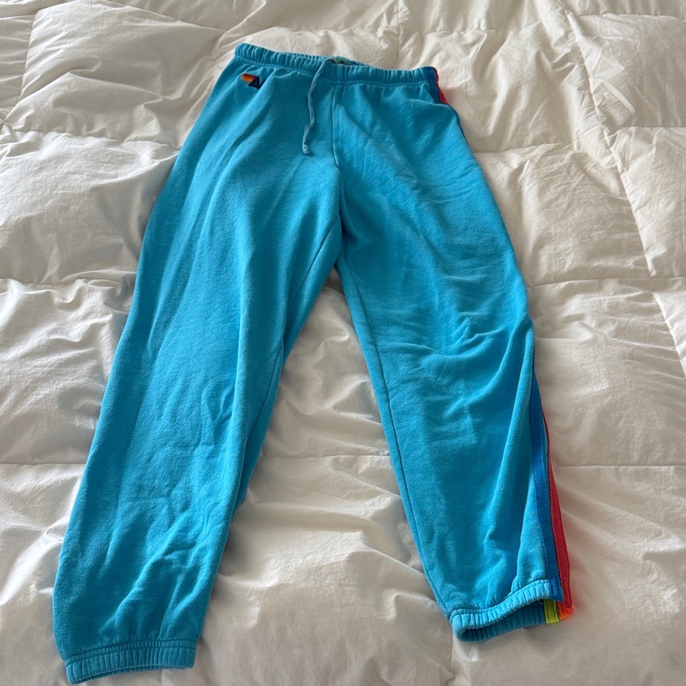 Aviator Nation Turquoise Fleece Sweatpants with Rainbow Side Stripe